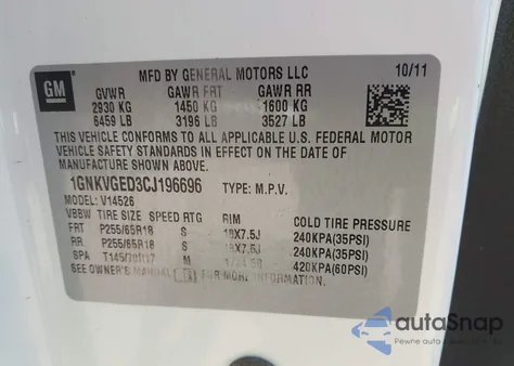 2012 Chevrolet Traverse 1Lt from USA, damaged, VIN 1GNKVGED3CJ196696